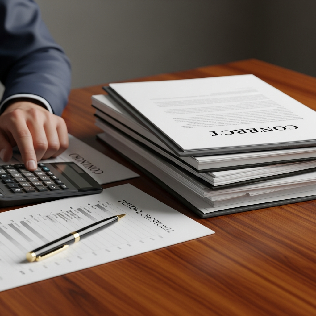 법적 계약서와 재무 보고서를 검토하는 모습