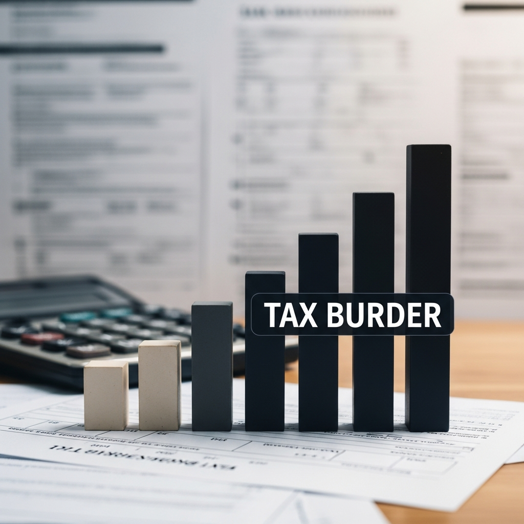 세금 부담 증가를 시각적으로 표현한 막대 그래프와 세금 서류