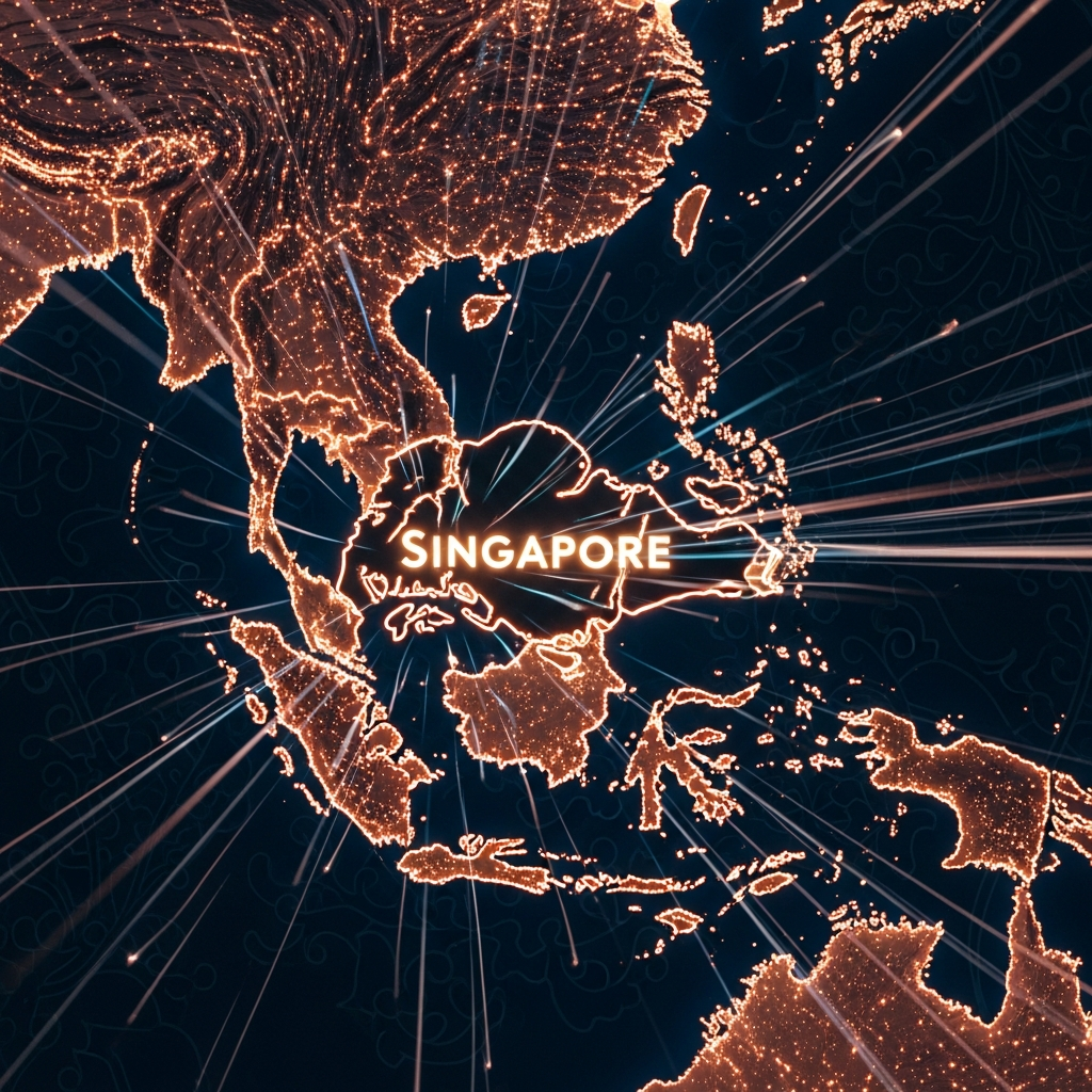 동남아시아의 중심지 싱가포르가 K-컬처 확산의 허브임을 보여주는 지도와 빛의 이미지