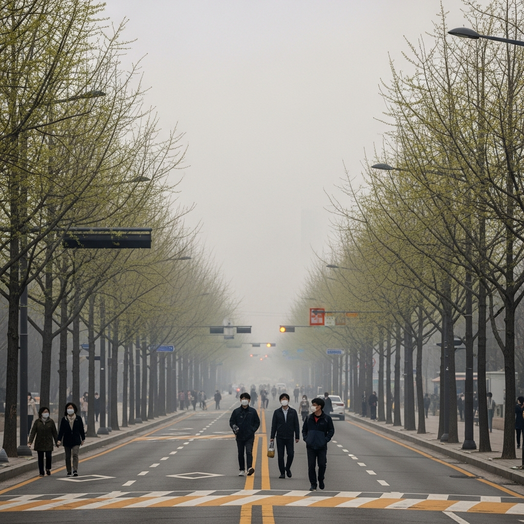 미세먼지로 흐릿한 거리에서 마스크를 착용한 사람들