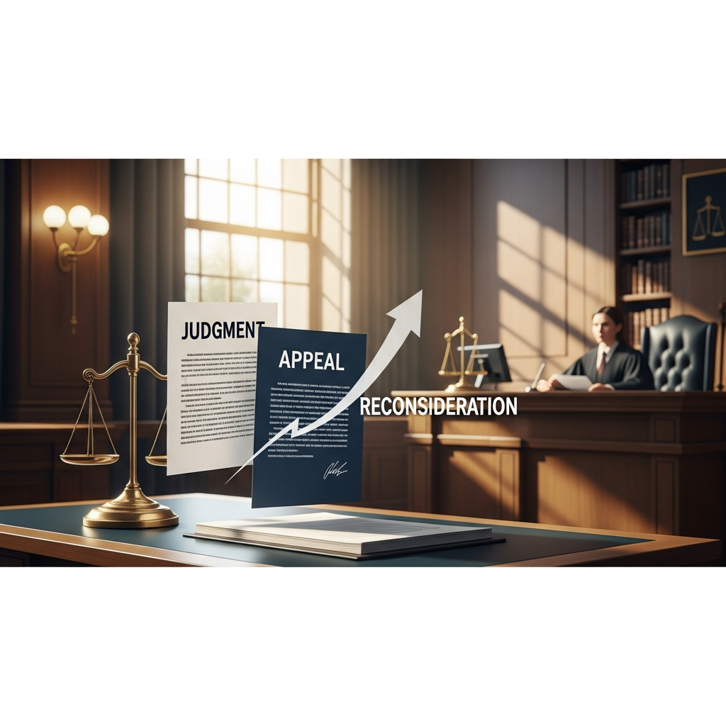 항소심과 재심의 과정을 나타내는 법적 상징물