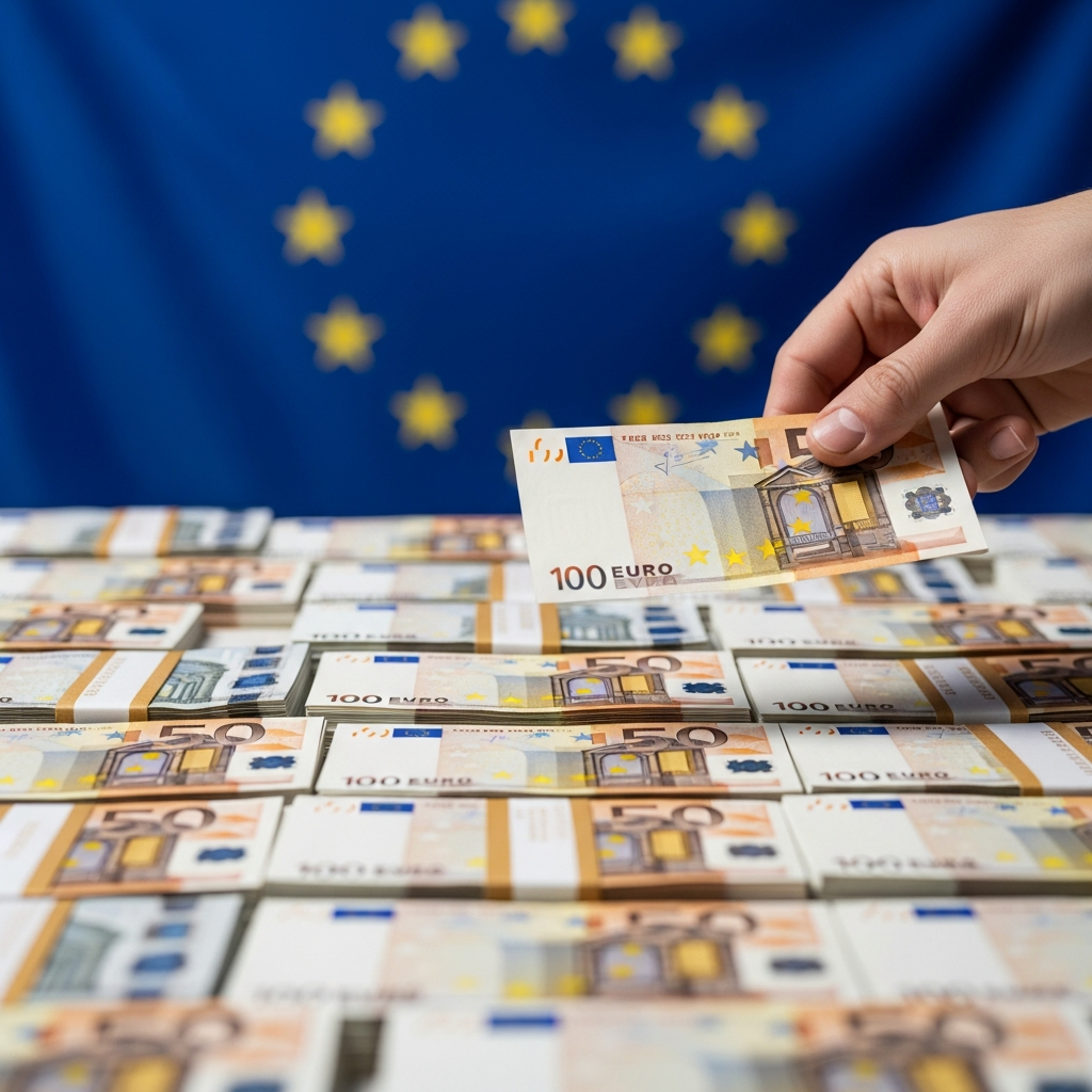 유럽 연합의 대규모 재정 지원을 상징하는 유로화 지폐 더미