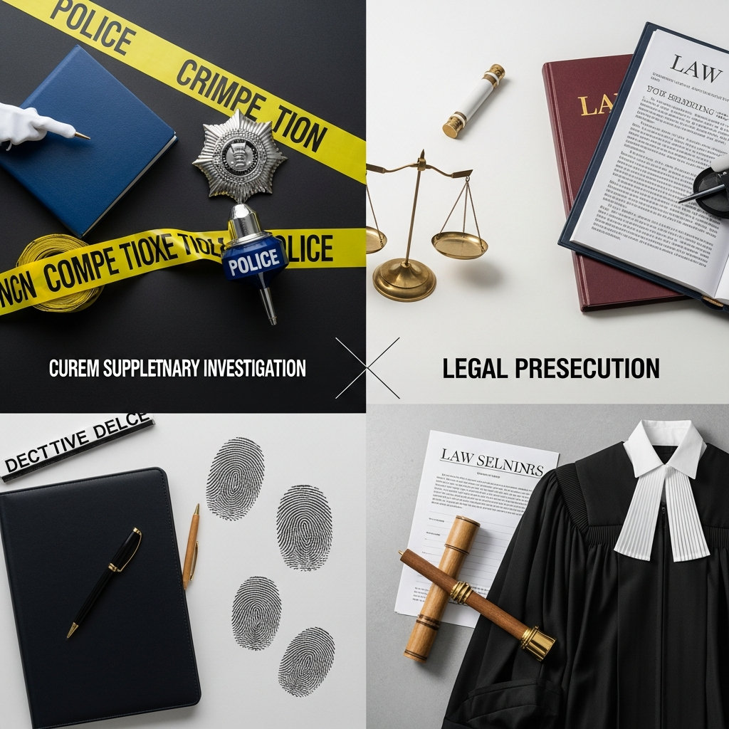 경찰 수사와 검찰 기소 과정을 상징하는 추상적인 시각화