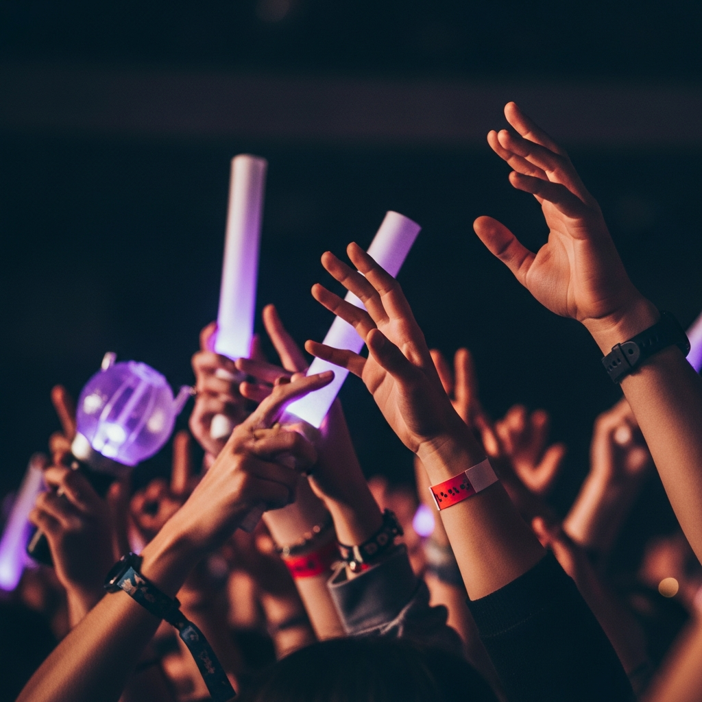 चमकती लाइट स्टिक पकड़े हुए विविध प्रशंसकों के हाथ, जो मजबूत बंधन और जुनून का प्रतीक हैं