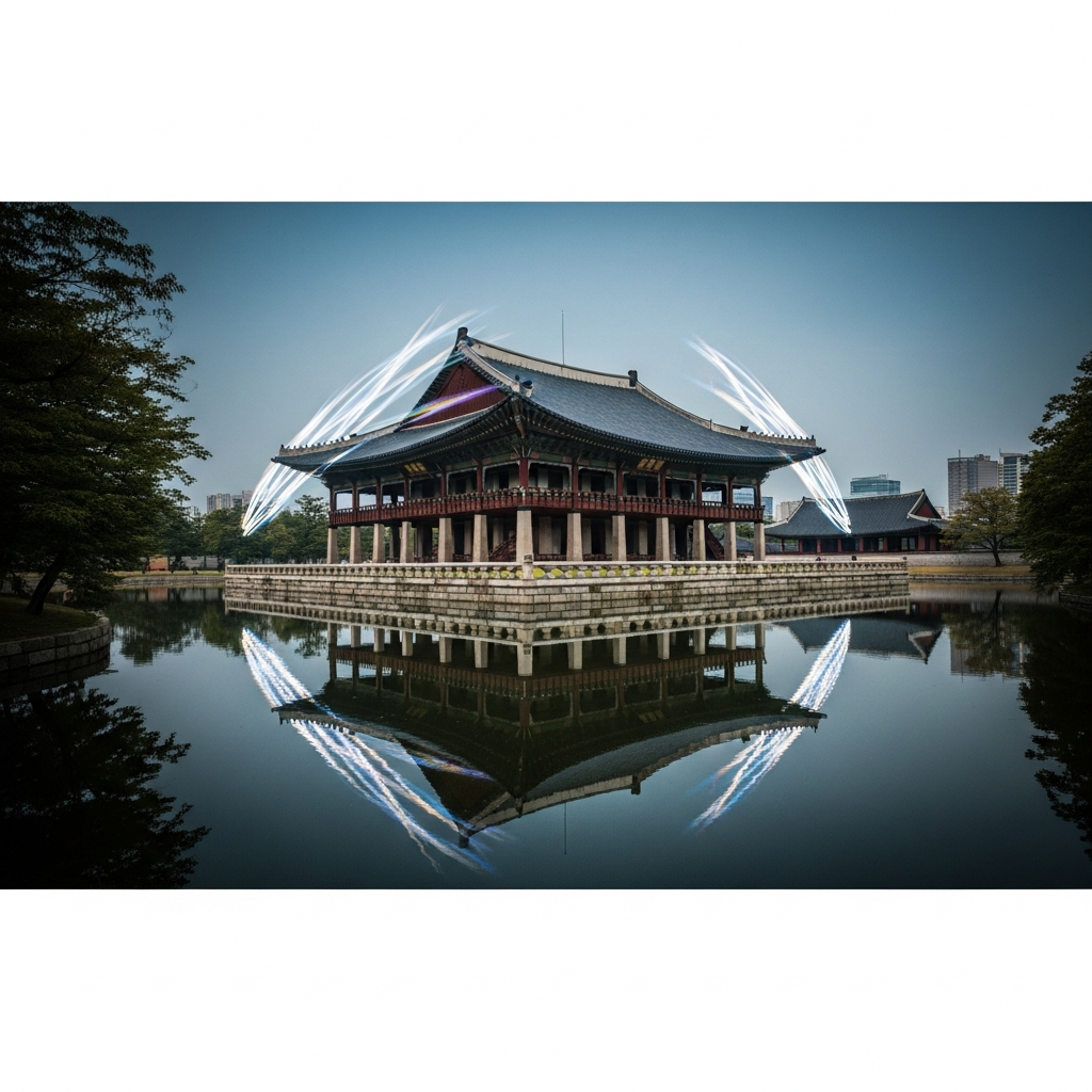 경복궁 경회루와 현대 K-팝 공연의 조화를 상징하는 이미지