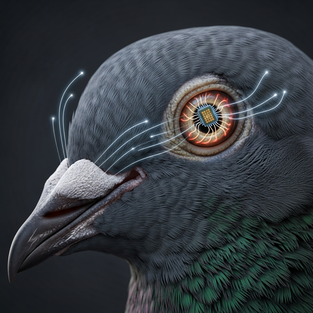 비둘기 뇌에 이식된 신경 칩과 원격 제어 신호