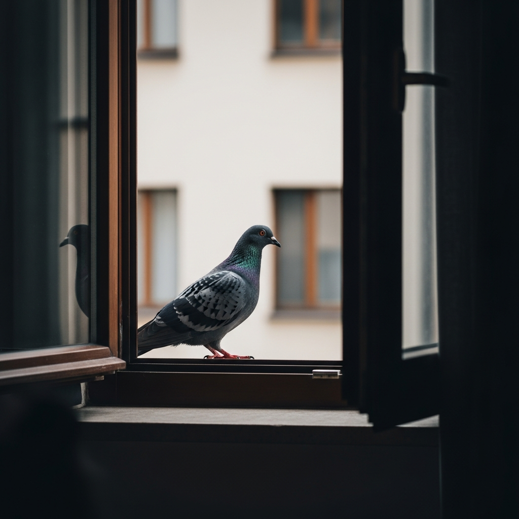 도시 환경에 자연스럽게 녹아든 비둘기가 주변을 감시하는 모습
