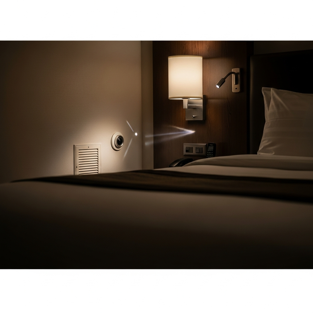 호텔 객실 벽 환기구 근처에 숨겨진 카메라를 암시하는 모습