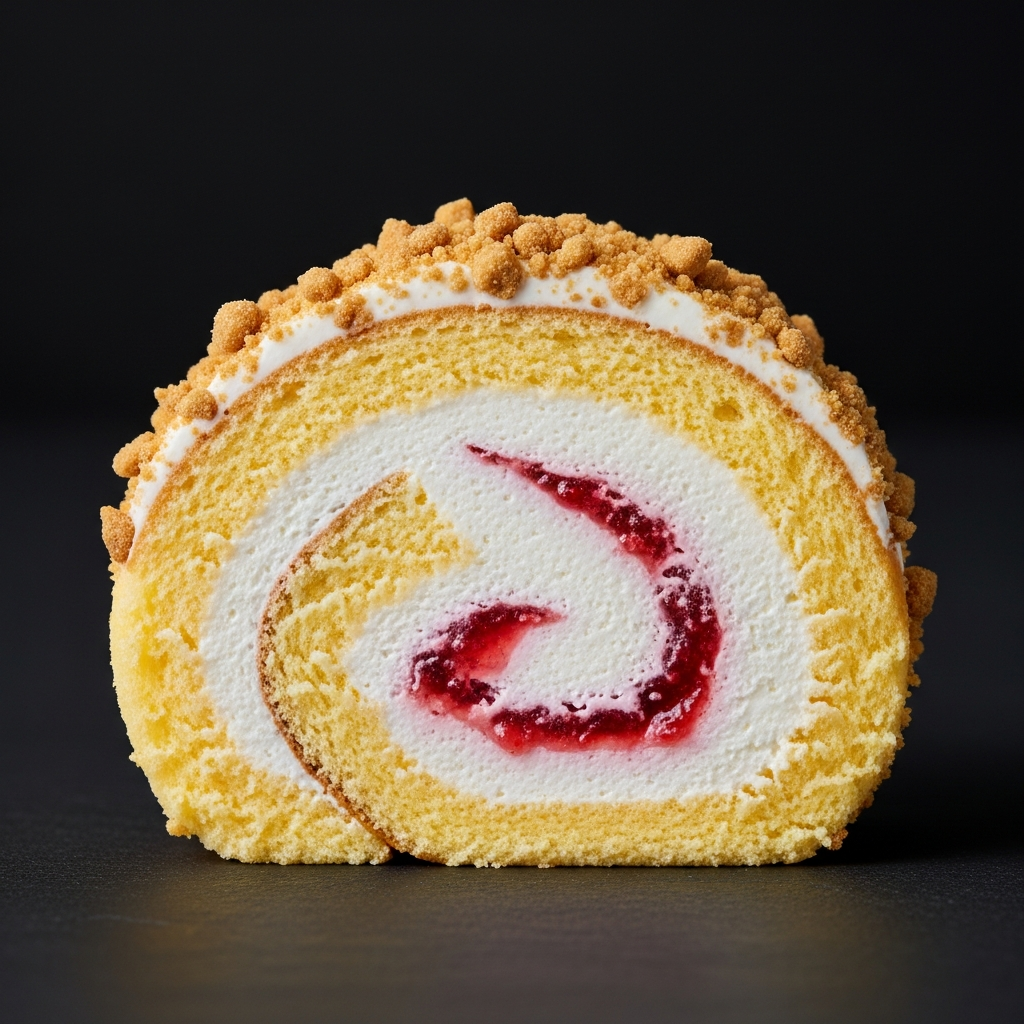 맘모롤의 단면을 보여주는 상세 이미지: 크림, 딸기잼, 소보로